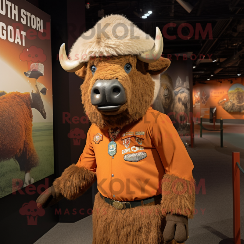 Rust Bison mascot costume character dressed with a Rash Guard and Hat pins Rust Bison mascot costume character dressed with a Rash Guard and Hat pins