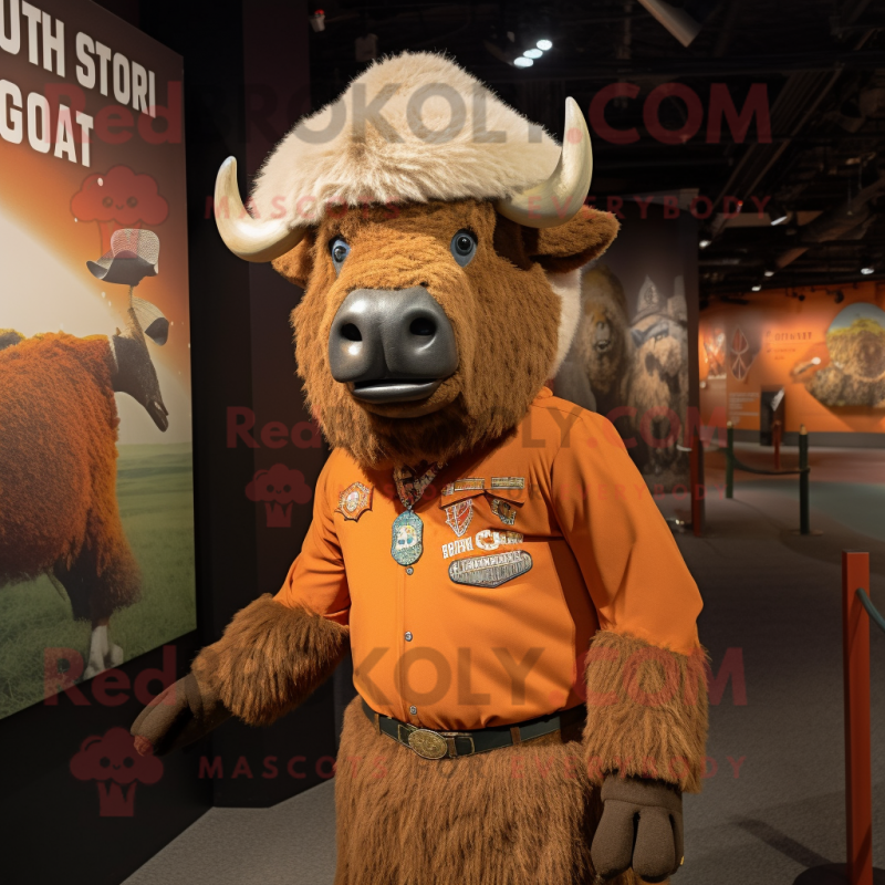 Rust Bison mascot costume character dressed with a Rash Guard and Hat pins