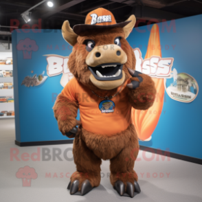 Rust Bison mascot costume character dressed with a Rash Guard and Hat pins