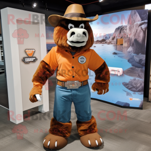 Rust Bison mascot costume character dressed with a Rash Guard and Hat pins