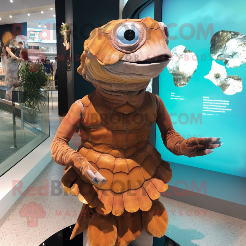 Rust Sea Turtle mascot costume character dressed with a Mini Dress and Brooches