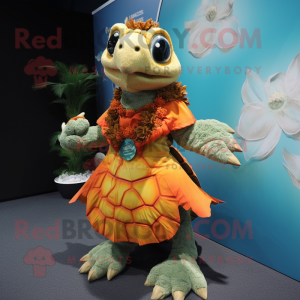 Rust Sea Turtle mascot costume character dressed with a Mini Dress and Brooches