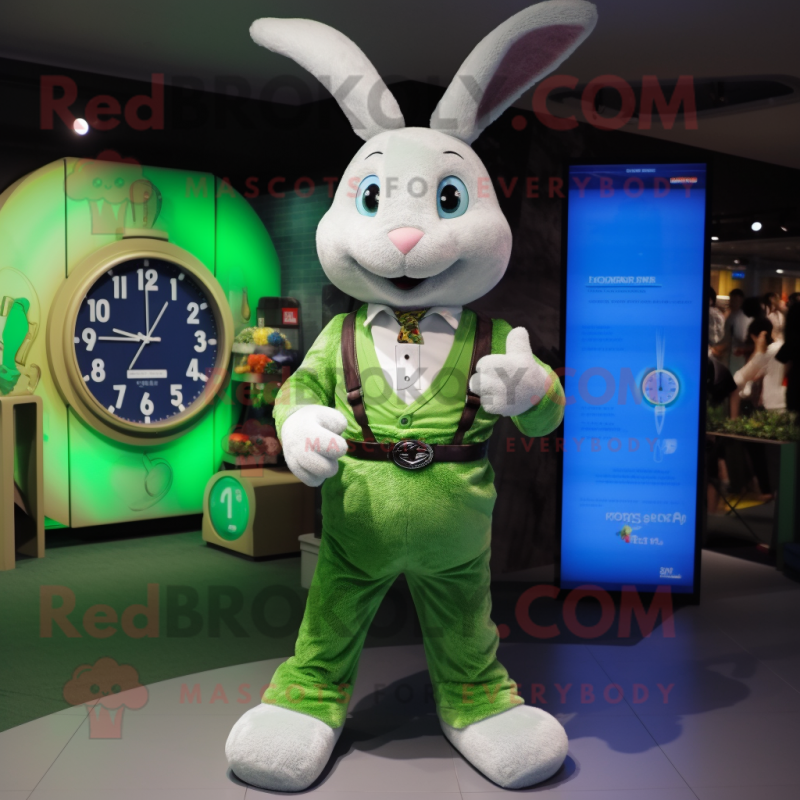 Green Rabbit mascot costume character dressed with a Oxford Shirt and Bracelet watches