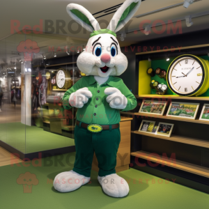 Green Rabbit mascot costume character dressed with a Oxford Shirt and Bracelet watches