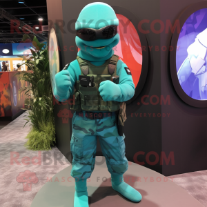 Turquoise Marine Recon mascot costume character dressed with a Swimwear and Bracelets