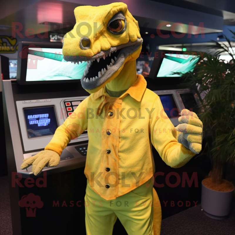 Lemon Yellow Deinonychus mascot costume character dressed with a Button-Up Shirt and Gloves