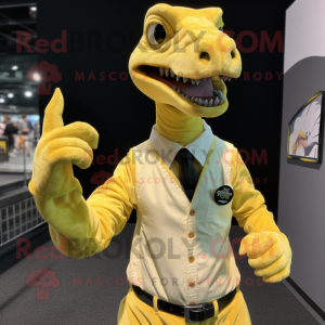 Lemon Yellow Deinonychus mascot costume character dressed with a Button-Up Shirt and Gloves