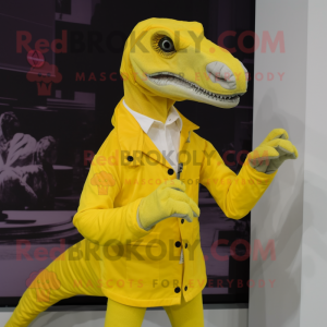 Lemon Yellow Deinonychus mascot costume character dressed with a Button-Up Shirt and Gloves