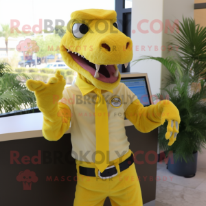 Lemon Yellow Deinonychus mascot costume character dressed with a Button-Up Shirt and Gloves