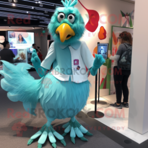 Cyan Rooster mascot costume character dressed with a Mini Dress and Watches