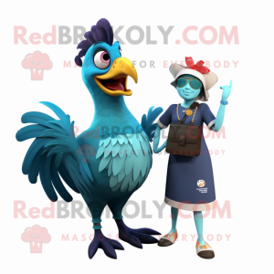 Cyan Rooster mascot costume character dressed with a Mini Dress and Watches