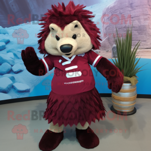 Maroon Porcupine mascot costume character dressed with a Dress and Mittens