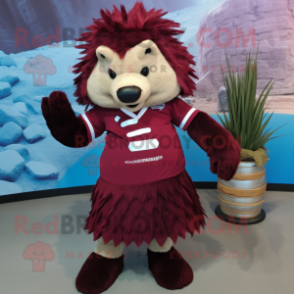 Maroon Porcupine mascot costume character dressed with a Dress and Mittens