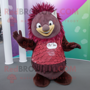 Maroon Porcupine mascot costume character dressed with a Dress and Mittens