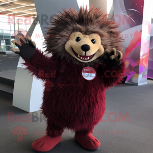 Maroon Porcupine mascot costume character dressed with a Dress and Mittens