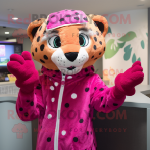 Magenta Cheetah mascot costume character dressed with a Cardigan and Mittens