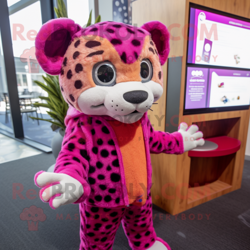 Magenta Cheetah mascot costume character dressed with a Cardigan and Mittens