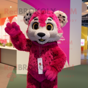 Magenta Cheetah mascot costume character dressed with a Cardigan and Mittens