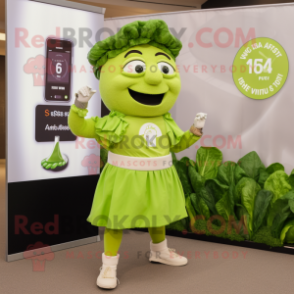 Lime Green Caesar Salad mascot costume character dressed with a A-Line Skirt and Smartwatches