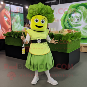 Lime Green Caesar Salad mascot costume character dressed with a A-Line Skirt and Smartwatches