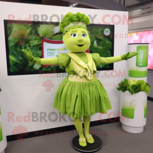 Lime Green Caesar Salad mascot costume character dressed with a A-Line Skirt and Smartwatches