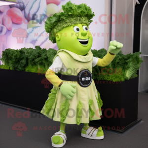 Lime Green Caesar Salad mascot costume character dressed with a A-Line Skirt and Smartwatches