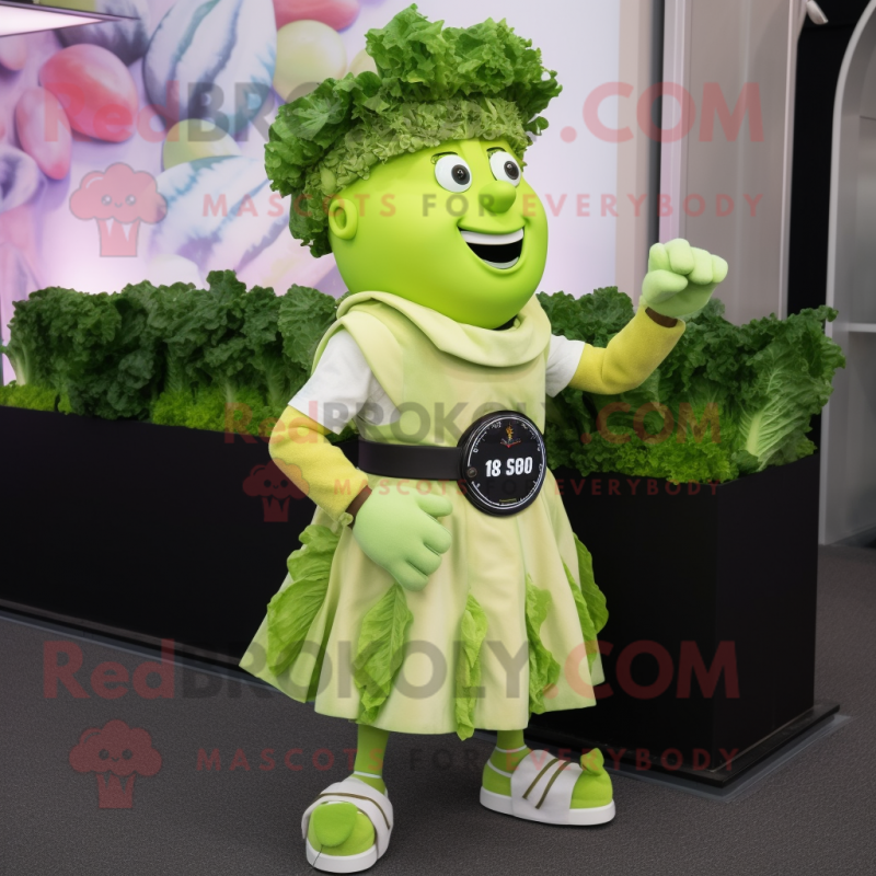 Lime Green Caesar Salad mascot costume character dressed with a A-Line Skirt and Smartwatches