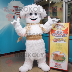 White Jambalaya mascot costume character dressed with a Romper and Scarf clips