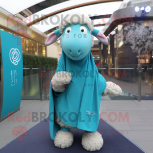 Cyan Sheep mascot costume character dressed with a Cover-up and Scarves