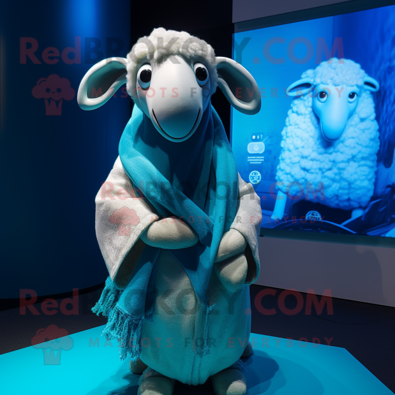 Cyan Sheep mascot costume character dressed with a Cover-up and Scarves