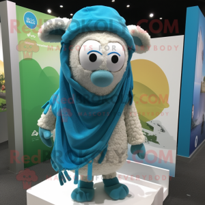 Cyan Sheep mascot costume character dressed with a Cover-up and Scarves