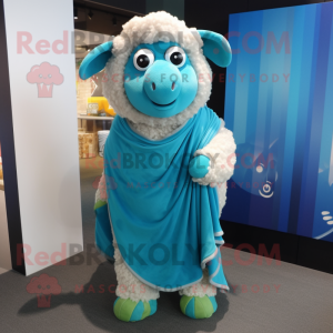 Cyan Sheep mascot costume character dressed with a Cover-up and Scarves