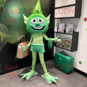 Green Tooth Fairy mascot costume character dressed with a Yoga Pants and Briefcases