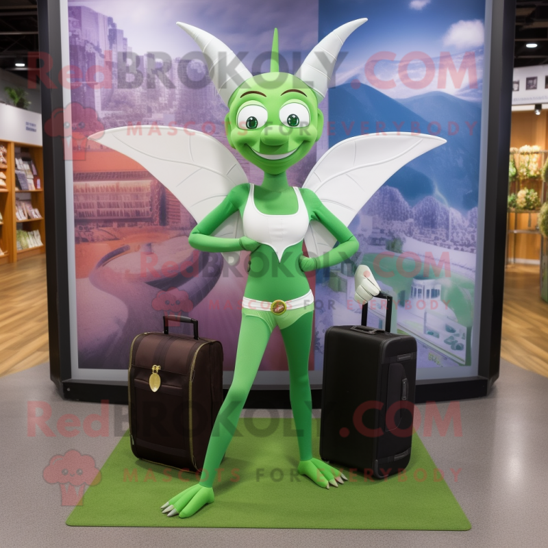 Green Tooth Fairy mascot costume character dressed with a Yoga Pants and Briefcases Green Tooth Fairy mascot costume character dressed with a Yoga Pants and Briefcases