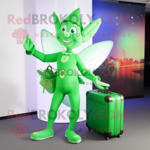 Green Tooth Fairy mascot costume character dressed with a Yoga Pants and Briefcases