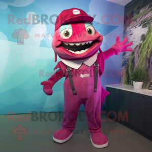 Magenta Barracuda mascot costume character dressed with a Dungarees and Caps