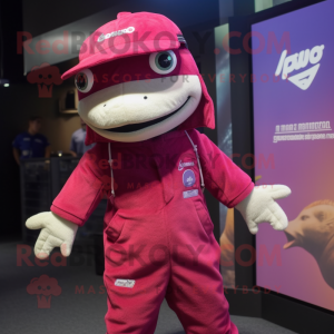 Magenta Barracuda mascot costume character dressed with a Dungarees and Caps