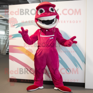 Magenta Barracuda mascot costume character dressed with a Dungarees and Caps