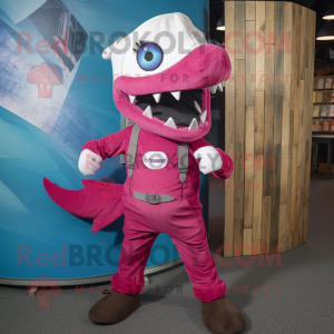 Magenta Barracuda mascot costume character dressed with a Dungarees and Caps