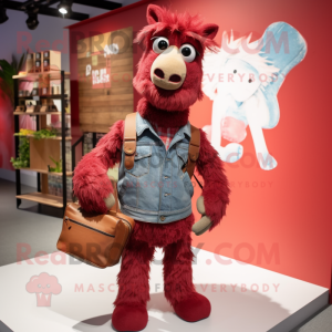 Maroon Llama mascot costume character dressed with a Denim Shorts and Handbags