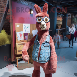 Maroon Llama mascot costume character dressed with a Denim Shorts and Handbags