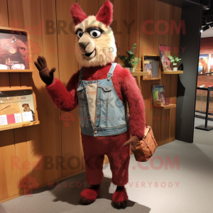 Maroon Llama mascot costume character dressed with a Denim Shorts and Handbags