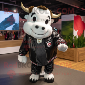 Black Hereford Cow mascot costume character dressed with a Windbreaker and Ties