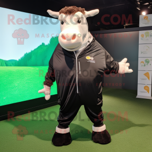 Black Hereford Cow mascot costume character dressed with a Windbreaker and Ties