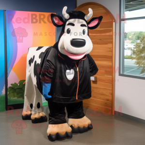 Black Hereford Cow mascot costume character dressed with a Windbreaker and Ties