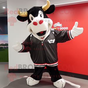 Black Hereford Cow mascot costume character dressed with a Windbreaker and Ties
