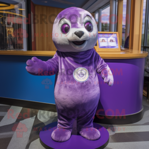 Purple Seal mascot costume character dressed with a Playsuit and Earrings