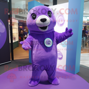 Purple Seal mascot costume character dressed with a Playsuit and Earrings