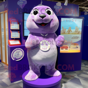 Purple Seal mascot costume character dressed with a Playsuit and Earrings