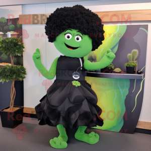 Black Broccoli mascot costume character dressed with a Wrap Dress and Ties